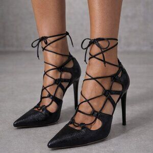 Stuart Weitzman Excite High Heels Pointed Toe Lace Up Patent Leather Black 7